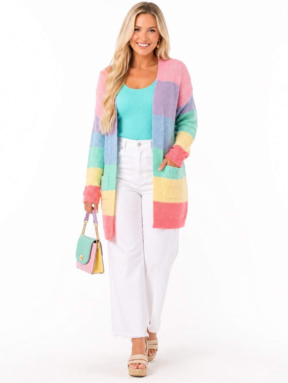 ZESICA XL Pastel Rainbow Colorblock Long Open Front Knit Cardigan Pockets - Picture 4 of 11